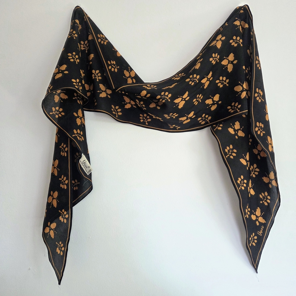 Vintage  100% Silk Rectangle Scarf by Usna Made in Japan Black Yellow Orange